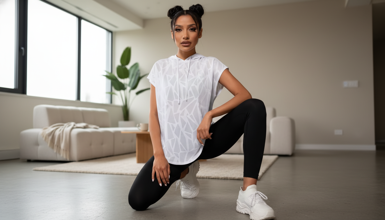 Woman wearing a cream oversized short sleeve sport hoodie, demonstrating comfort and movement in a modern, minimalist setting