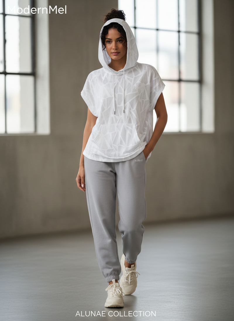 Woman in an ALUNAE oversized short sleeve sport hoodie, styled in minimalist cozy streetwear.